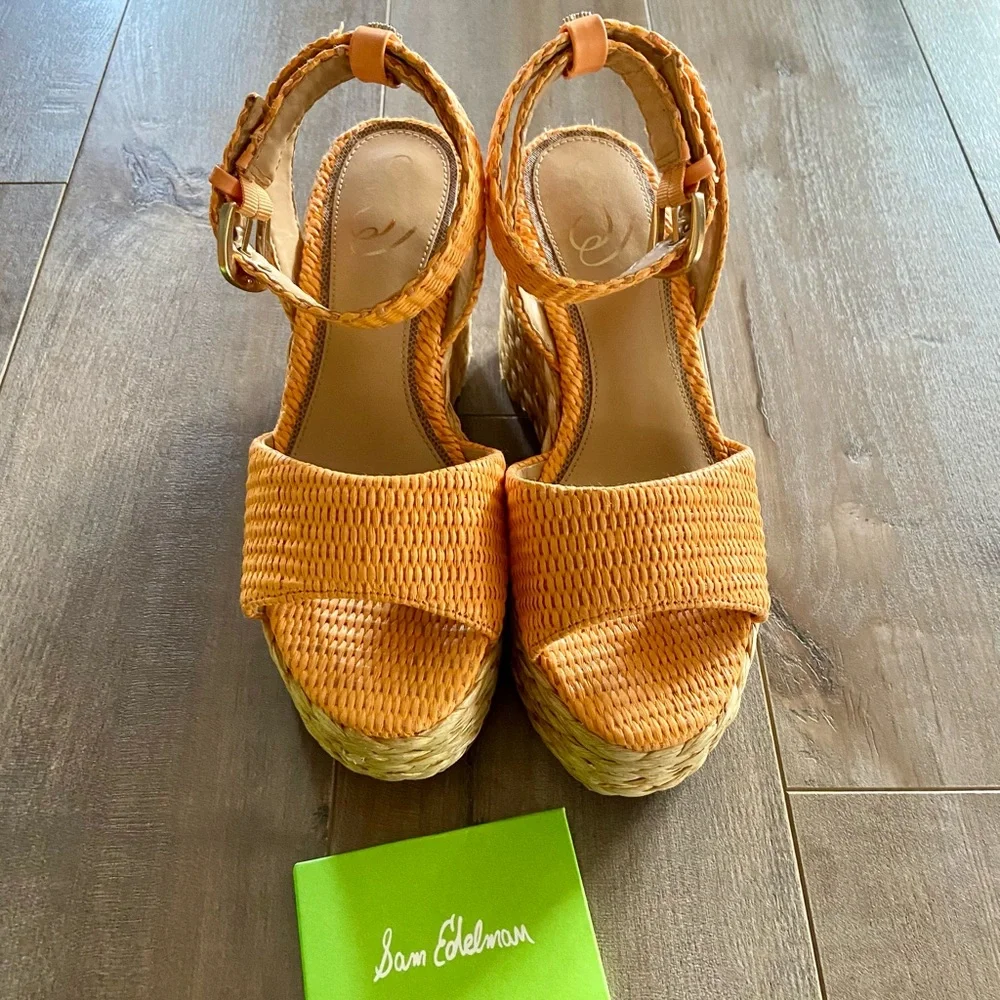 Sam Edelman April Platform Wedge Espadrille Sandal in Mari Gold Raffia